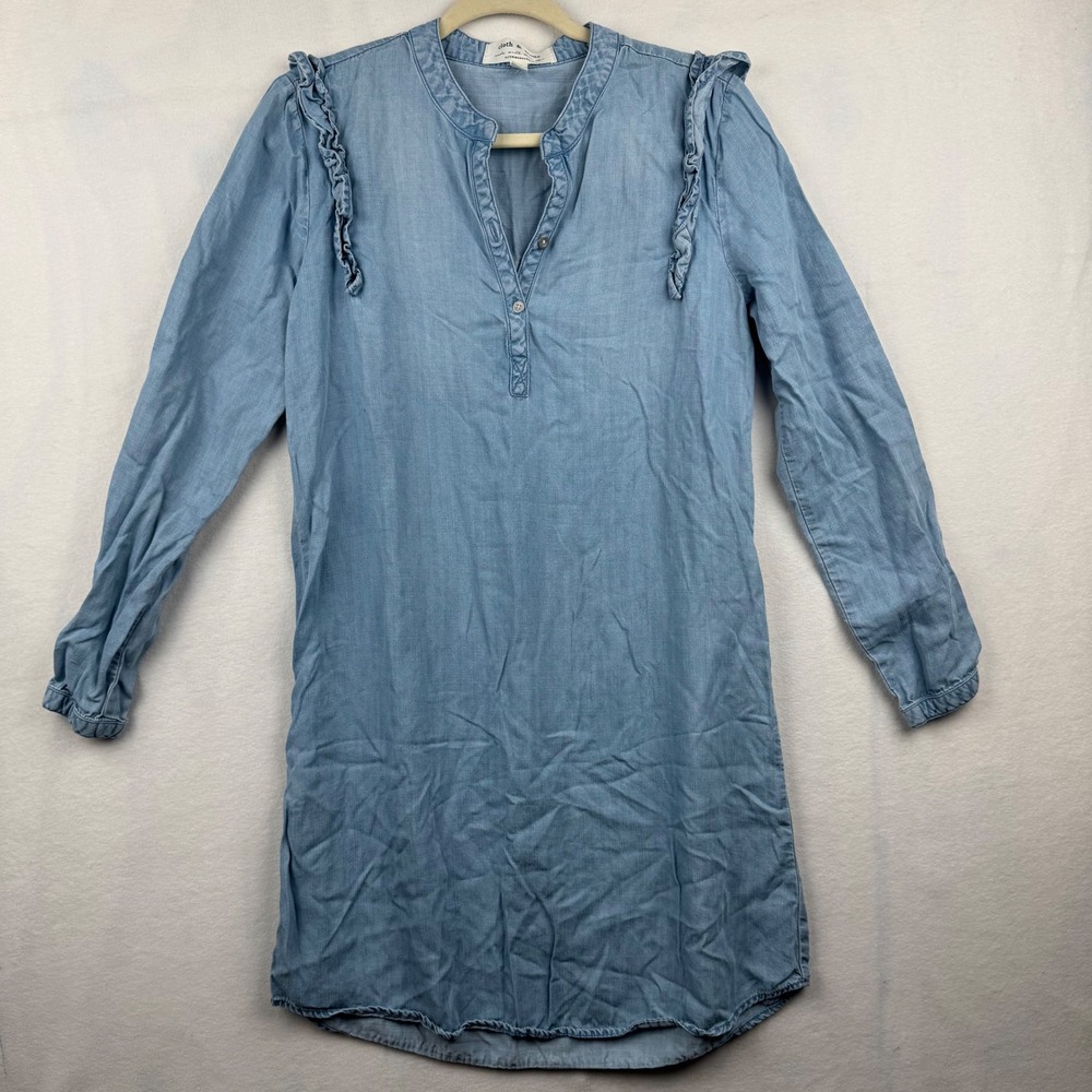 Cloth & Stone Anthropologie Chambray Dress Ruffle‎ Long Sleeve Womens Size S
